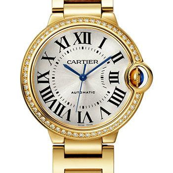 Cartier Ballon Bleu de Cartier Watch - 36 mm Yellow Gold Diamond Case - Silvered Sunray-Brushed Dial - Interchangeable Bracelet - WJBB0070