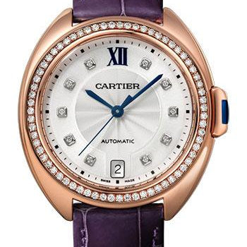 Cartier Cle de Cartier Watch - 35 mm Pink Gold Diamond Case - Diamond Bezel - Silvered Flinque Dial - Aubergine Alligator Strap - WJCL0039