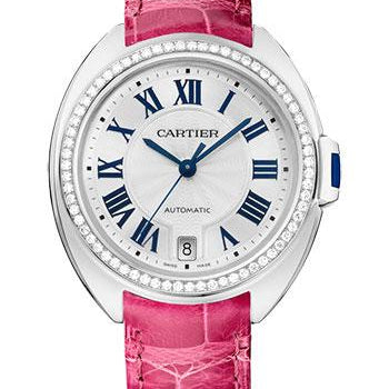 Cartier Cle de Cartier Watch - 35 mm White Gold Diamond Case - White Dial - Fuchsia Pink Alligator Strap - WJCL0049