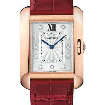 Cartier Tank Anglaise Watch - 34.7 mm Pink Gold Case - Diamond Dial - Bordeaux Alligator Strap - WJTA0009
