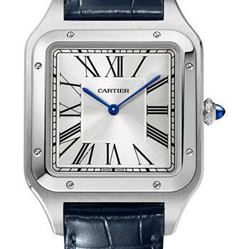 Cartier Santos-Dumont Watch - 46.6 mm x 33.9 mm Steel Case - Silver Dial - Navy Blue Leather Strap - WSSA0032