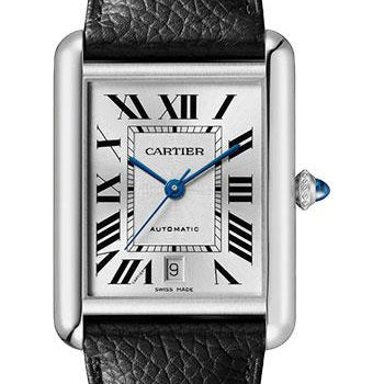 Cartier Tank Must Watch - 41 mm x 31 mm Steel Case - Silvered Dial - Interchangeable Black Grained Calfskin Strap - WSTA0040