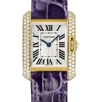 Cartier Tank Anglaise Watch - 30.2 mm Yellow Gold Diamond Case - Silvered Dial - Aubergine Alligator Strap - WT100014