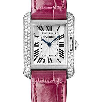 Cartier Tank Anglaise Watch - 30.2 mm White Gold Diamond Case - Silvered Dial - Fuschia Alligator Strap - WT100015