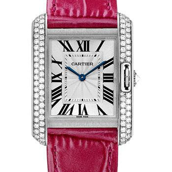 Cartier Tank Anglaise Watch - 34.7 mm White Gold Rodium Diamond Case - Silvered Flinque Dial - Fuchsia Pink Alligator Strap - WT100030