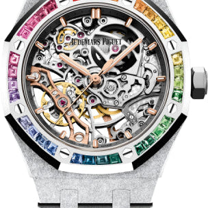 Audemars Piguet Royal Oak Frosted Gold Double Balance Wheel 37mm Openworked Rainbow Baguette Sapphires Bezel | 15468BC.YG.1259BC.01-B