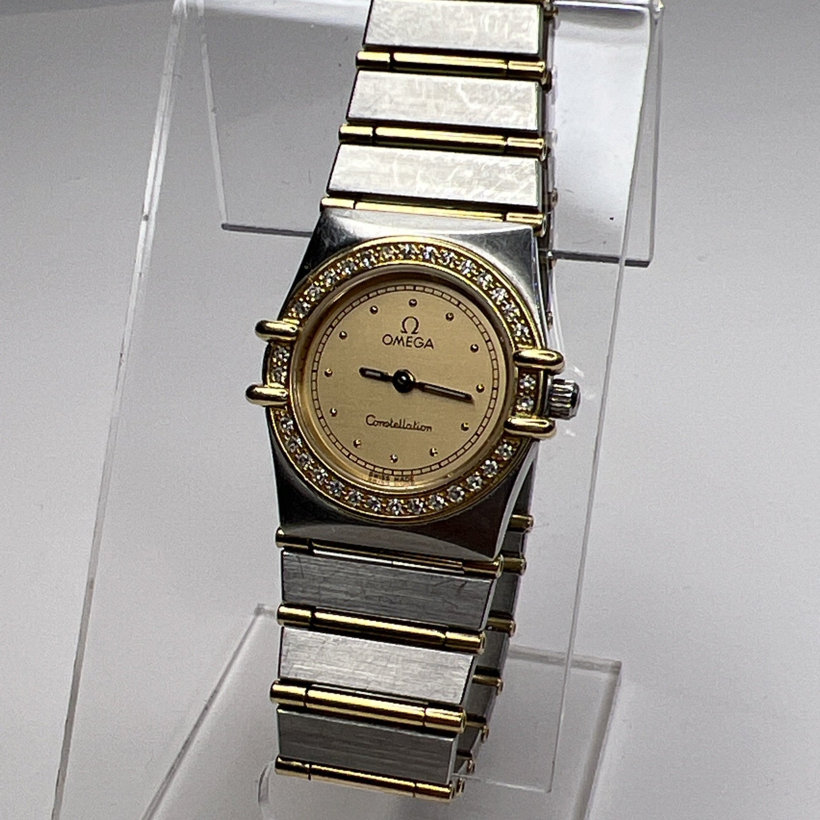 Omega Constellation 18K Gold & Steel Diamond Bezel 1455 Quartz 22.5mm Watch