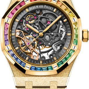 Audemars Piguet Royal Oak 41mm  Frosted Gold Double Balance Wheel Openworked Yellow Gold Rainbow Gem-set Bezel | 15412BA.YG.1224BA.01-B