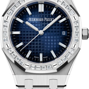 Audemars Piguet Royal Oak 34mm White Gold Diamond Set Bezel Blue Diamond Baguette Dial Watch - 77451BC.ZZ.1261BC.01