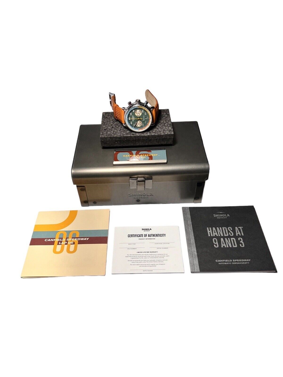 NEW Shinola Canfield Speedway LAP 06 44mm Automatic SS Green Dial Box & Papers