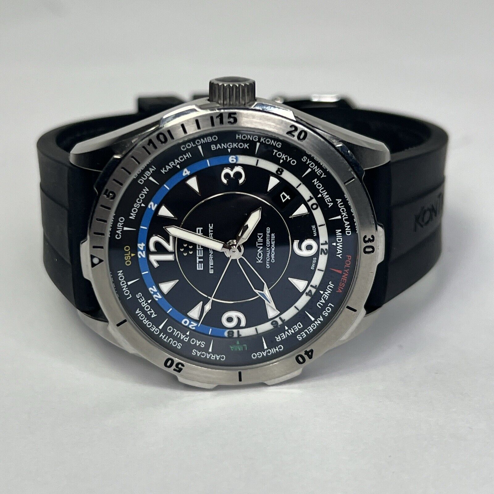 Eterna Kon-Tiki GMT World Time COSC 4 Hand Watch 1593.41.40.0215 2 Straps B & P