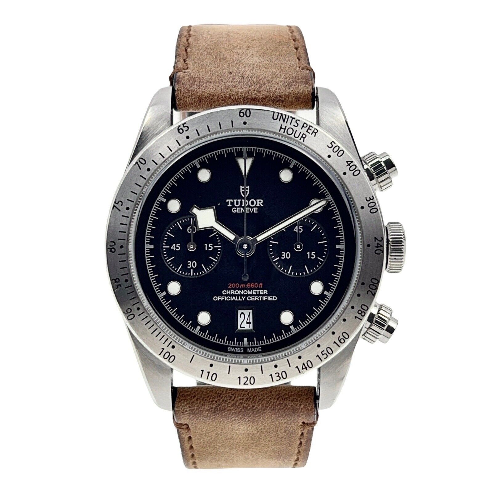 Tudor Black Bay Heritage Chronograph Black Stainless Leather Ref 41mm 79350