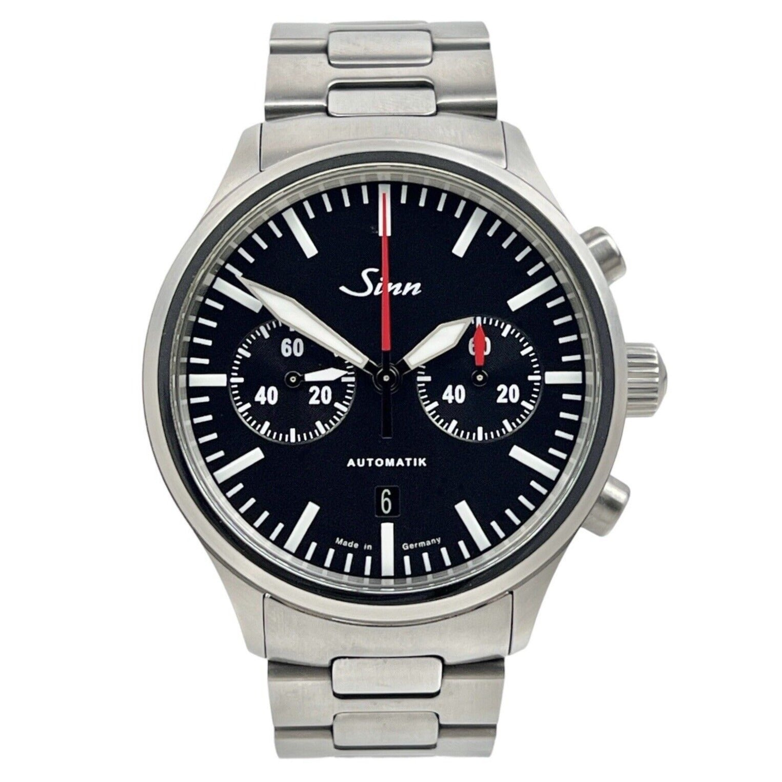 Sinn 936 black dial bicompax chronograph on steel bracelet