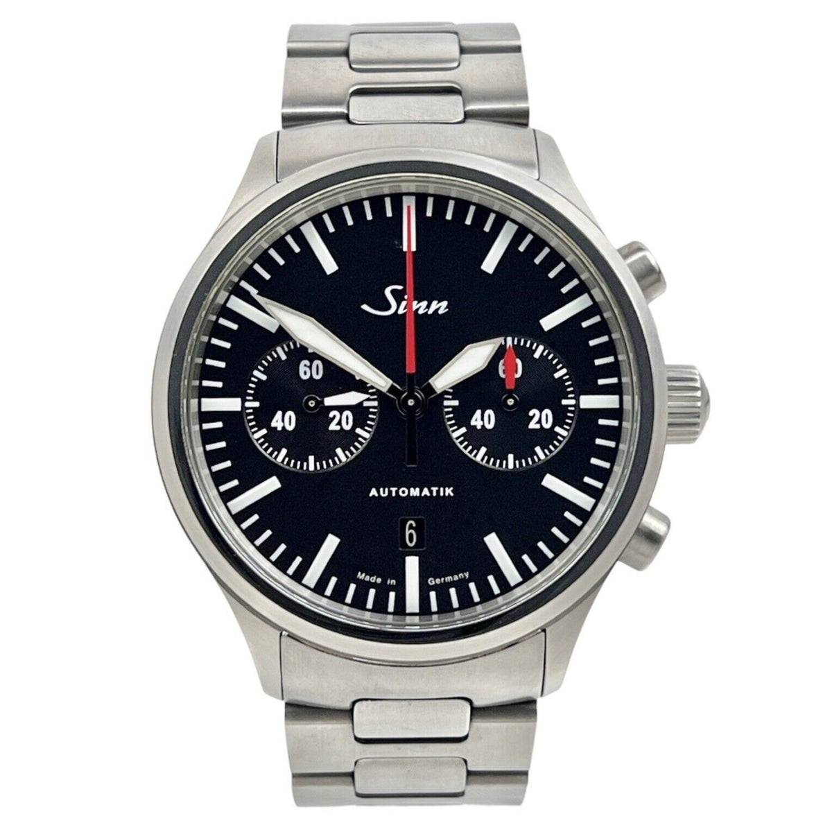 Sinn 936 black dial bicompax chronograph on steel bracelet